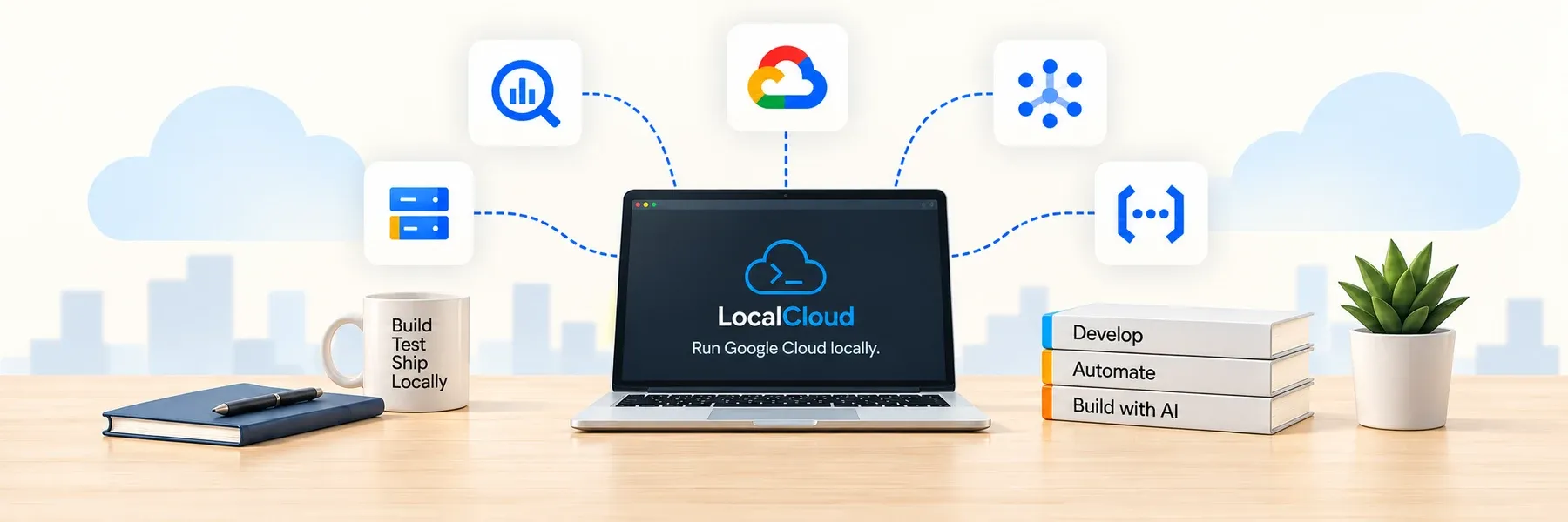 A LocalCloud laptop on a desk, connected to local Google Cloud service icons, with notebooks, a mug, books and a plant.